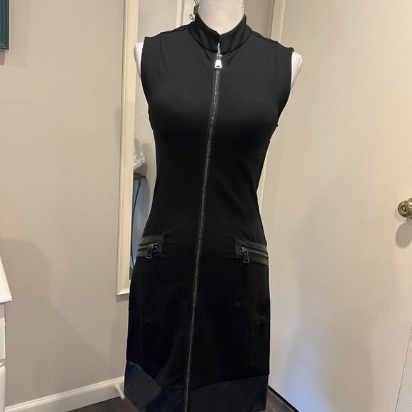 As U Wish Black Faux Leather Trimmed Bodycon Zip Front Ponte Dress, Size 4 - Picture 2 of 16
